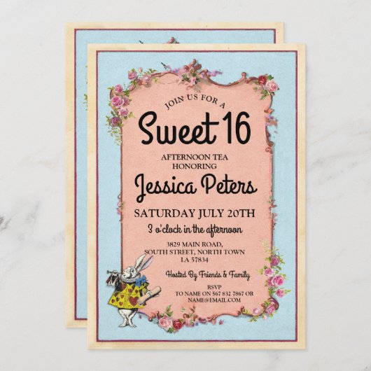 素朴な菓子16のパーティーの不思議の国のウサギの茶招待 招待状 (正面/裏面)