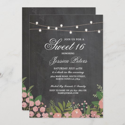 素朴な菓子16のパーティーの珊瑚の花のチョークの招待 招待状 (正面/裏面)