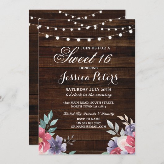 素朴な菓子16のパーティーの花のピンクの花の招待 招待状 (正面/裏面)