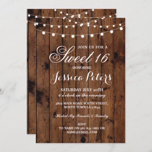 素朴な菓子16のパーティー花の木製ライト招待 招待状 (正面/裏面)