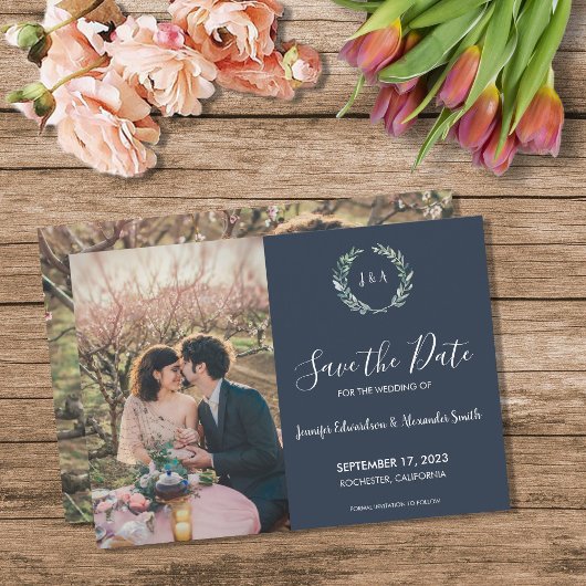 素朴な葉のイニシャル写真 Save the Date 招待状