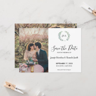素朴な葉のイニシャル写真 Save the Date 招待状