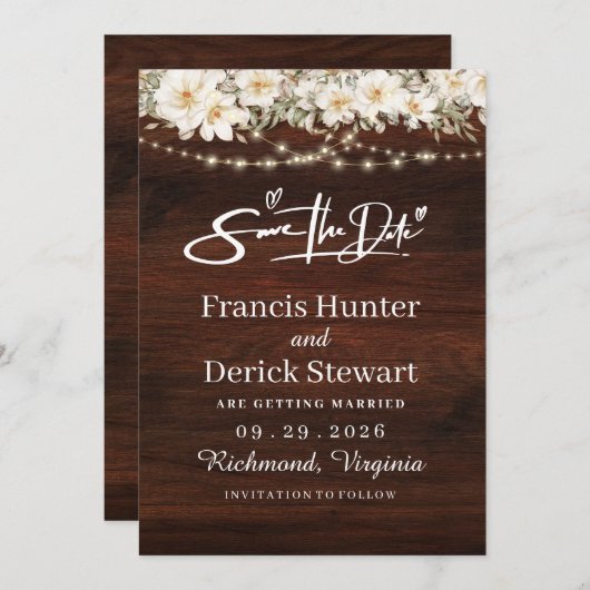 素朴な葉のストリングライト 木製 Save The Date 招待状 (正面/裏面)