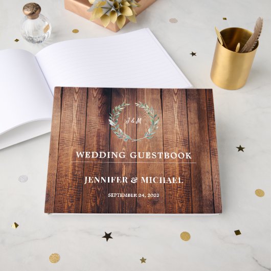 素朴な葉バンドウッドの水の色結婚の ゲストブック (正面見開き)