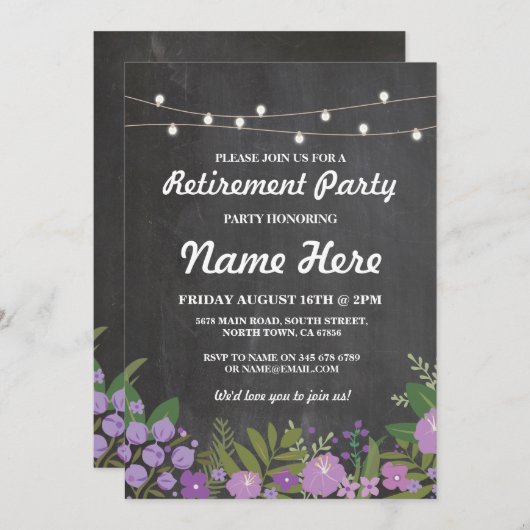 素朴な薄紫の花のチョークのヴィンテージの退職パーティー 招待状 (正面/裏面)