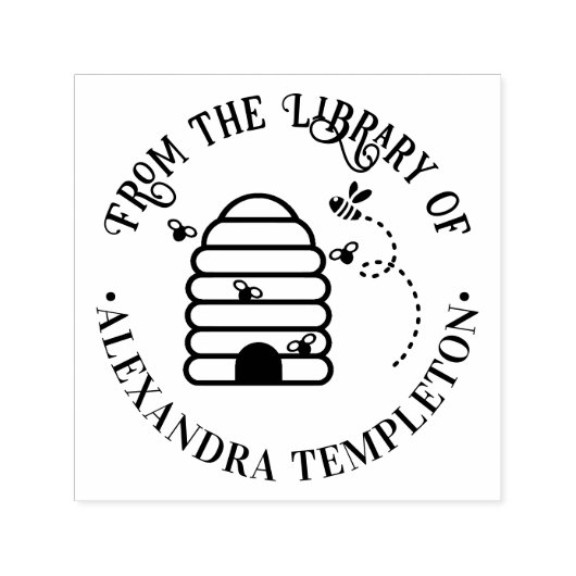 素朴な蜂の巣、飛ぶ蜂 #1 図書館の本の名前 セルフインキングスタンプ (デザイン)