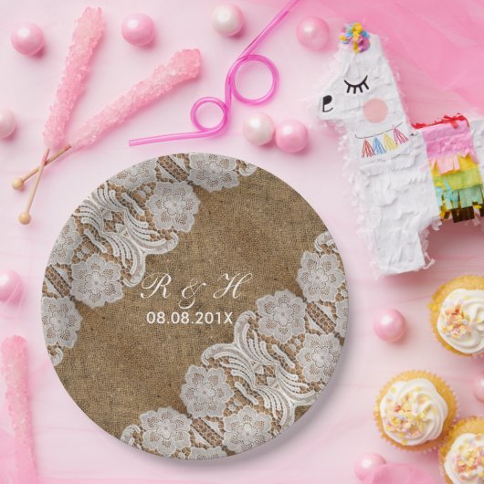 素朴な西部の田舎の結婚式のラップとレース ペーパープレート (パーティー)