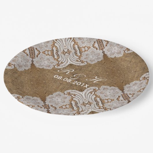 素朴な西部の田舎の結婚式のラップとレース ペーパープレート (アングル)