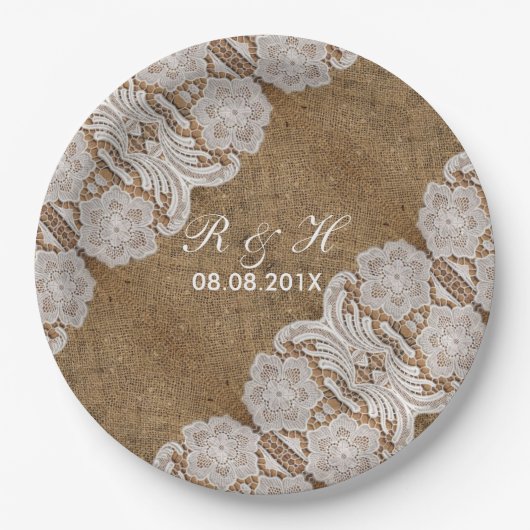 素朴な西部の田舎の結婚式のラップとレース ペーパープレート (正面)