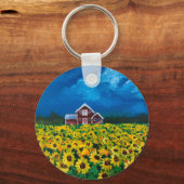 素朴な西部地方の赤い納屋ひまわり畑 キーホルダー (正面)