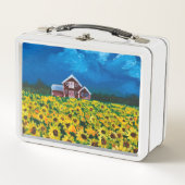 素朴な西部地方の赤い納屋ひまわり畑 メタルランチボックス (正面)