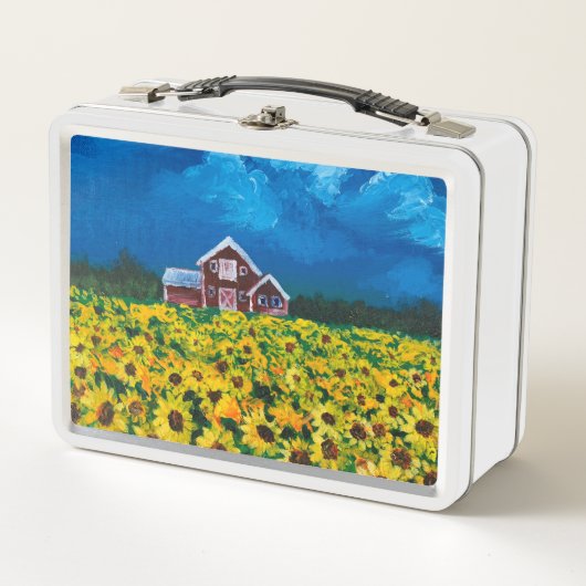 素朴な西部地方の赤い納屋ひまわり畑 メタルランチボックス (正面)