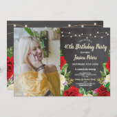 素朴な誕生会のチョークの赤いバラの花の写真 招待状 (正面/裏面)