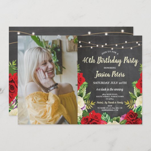 素朴な誕生会のチョークの赤いバラの花の写真 招待状 (正面/裏面)