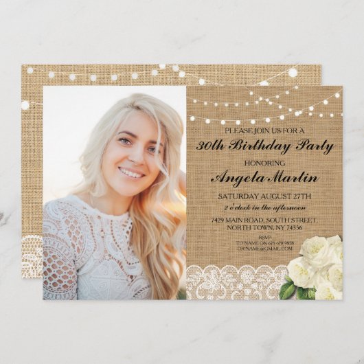 素朴な誕生会のバーラップのレースのばら色の写真 招待状 (正面/裏面)