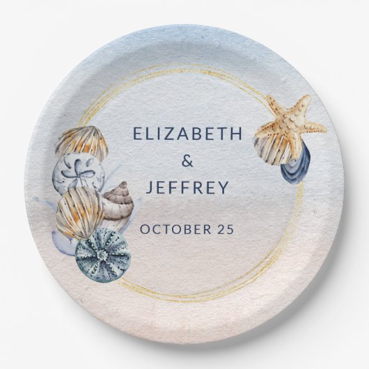 素朴な貝殻 海 夏 海岸 ウェディング ペーパープレート (正面)