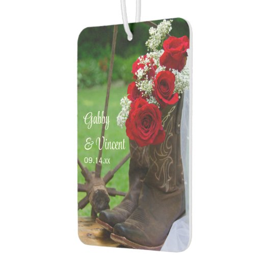 素朴な赤いバラおよびカウボーイ・ブーツの国の結婚式 カーエアーフレッシュナー (左)