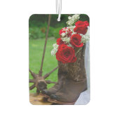 素朴な赤いバラおよびカウボーイ・ブーツの国の結婚式 カーエアーフレッシュナー (裏面)