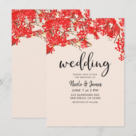 素朴な赤い実の木の枝 ウェディング 招待状 (正面/裏面)