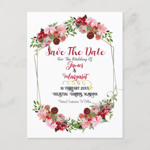 素朴な赤い花のフレーム・水彩画・Save The Date シーズンポストカード