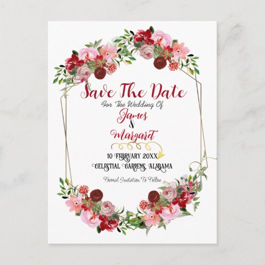 素朴な赤い花のフレーム・水彩画・Save The Date シーズンポストカード (正面)