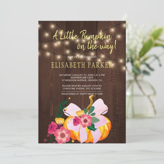 素朴な赤ちゃん女の子のシャワーの途中で小さなかぼちゃ 招待状 (スタンド正面)