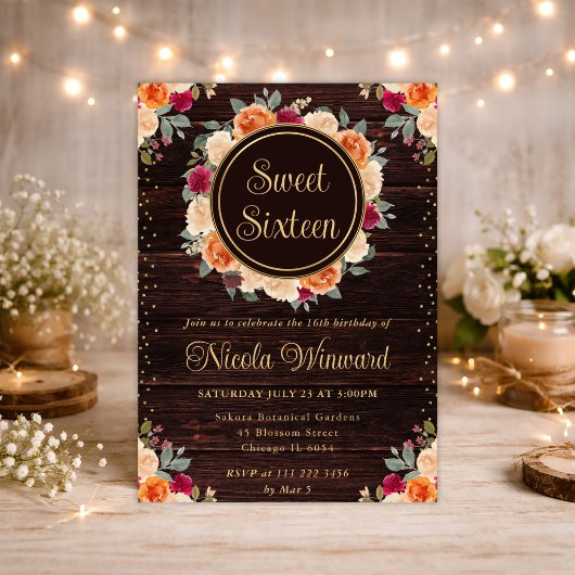 素朴な赤とオレンジの秋の花のリース スイート16 招待状