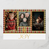 素朴な赤と緑のチェック柄のクリスマス　ジョイ　フォト 箔シーズンカード (正面)