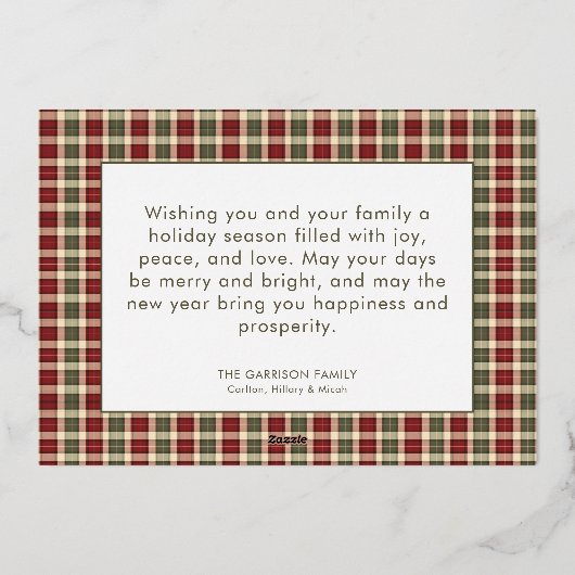 素朴な赤と緑のチェック柄のクリスマス ジョイ 写真 箔シーズンカード (裏面)
