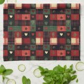 素朴な赤と緑のチェック柄のハートのクリスマスホリデー キッチンタオル (折り畳み)