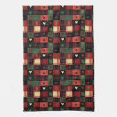 素朴な赤と緑のチェック柄のハートのクリスマスホリデー キッチンタオル (縦)