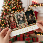 素朴な赤と緑の格子模様のクリスマス 楽しい写真です。 箔シーズンカード