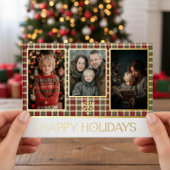 素朴な赤と緑の格子縞のハッピーホリデー写真 箔シーズンカード