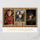 素朴な赤と緑の格子縞のハッピーホリデー写真 箔シーズンカード (正面)