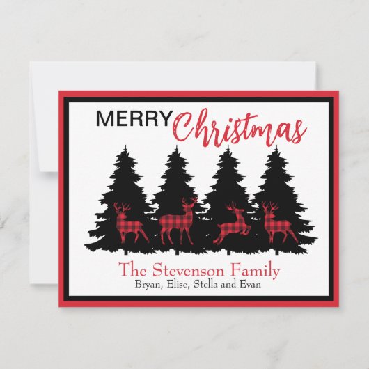 素朴な赤と黒のバイソン柄の鹿と木 シーズンカード (正面)