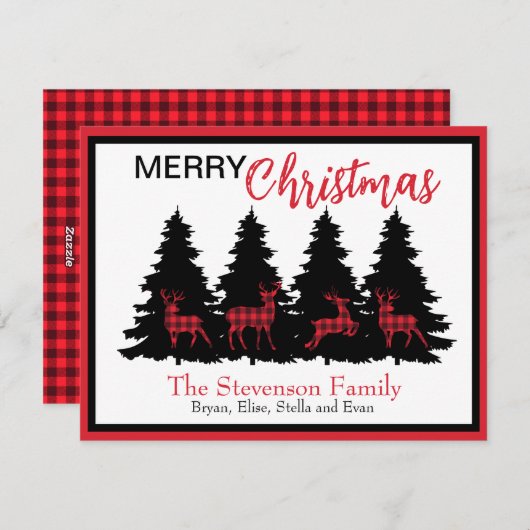 素朴な赤と黒のバイソン柄の鹿と木 シーズンカード (正面/裏面)