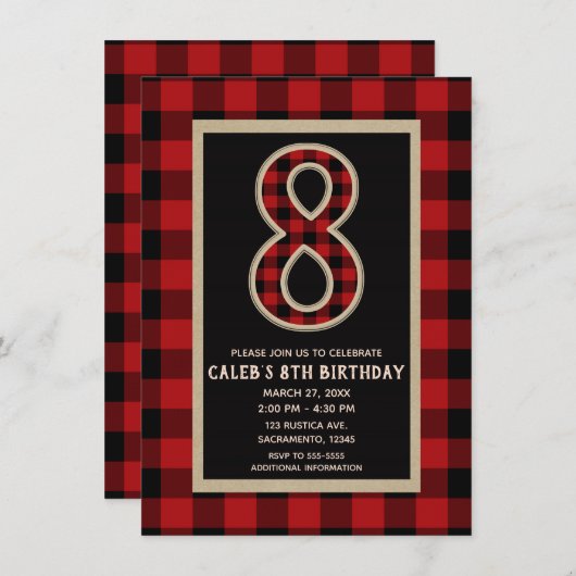 素朴な赤と黒のバイソン柄 8歳の誕生日パーティー 招待状 (正面/裏面)