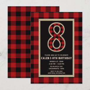 素朴な赤と黒のバイソン柄 8歳の誕生日パーティー 招待状