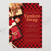 素朴な赤のバフチェックのギフト交換祭り 招待状 (正面/裏面)