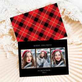 素朴な赤の格子模様のフェイクゴールド 三枚写真 クリスマス