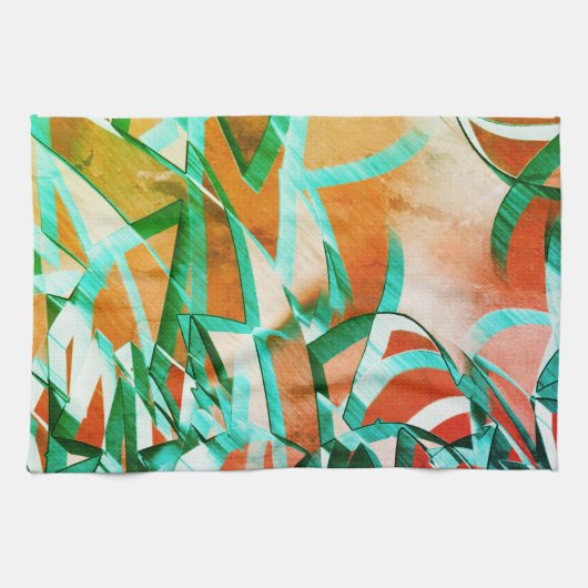 素朴な赤みがかったオストライプレンジの上の青またはシアンの色 キッチンタオル (横)