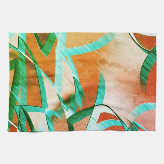 素朴な赤みがかったオレンジに青またはシアンの縞模様 キッチンタオル (横)