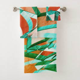 素朴な赤みがかったオレンジ色の上に青またはシアンのストリーク バスタオルセット