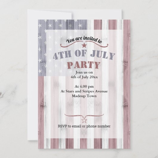 素朴な赤白青の木製アメリカ国旗 アメリカ 7月4日 招待状 (正面)