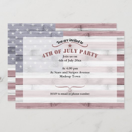 素朴な赤白青の木製アメリカ国旗 4月7日 招待状 (正面/裏面)