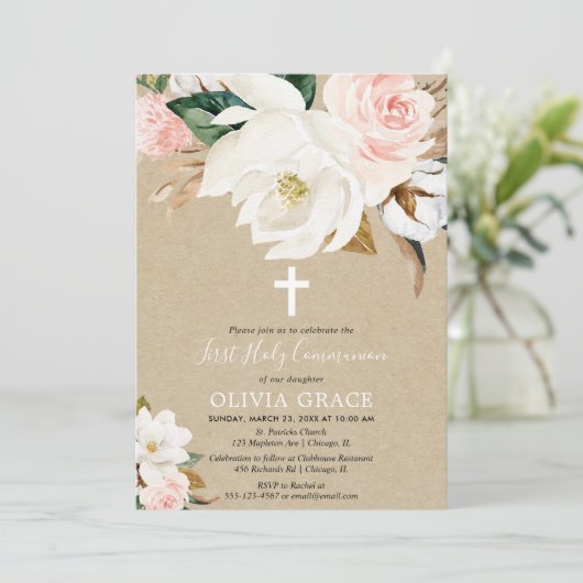 素朴な赤面のピンクの白人の花の女の子の聖餐式 招待状 (スタンド正面)