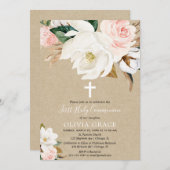 素朴な赤面のピンクの白人の花の女の子の聖餐式 招待状 (正面/裏面)