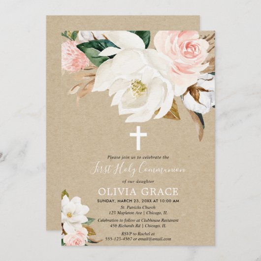 素朴な赤面のピンクの白人の花の女の子の聖餐式 招待状 (正面/裏面)