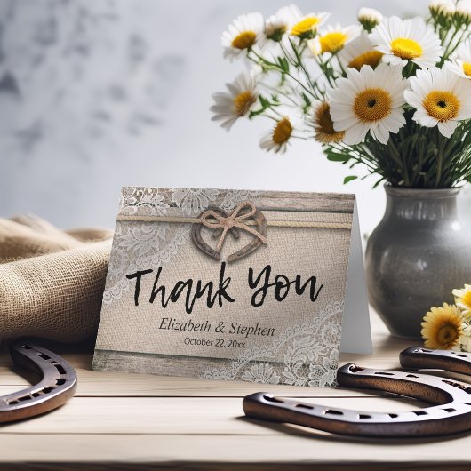 素朴な蹄鉄のバーラップのレースの結婚式は感謝していしています サンキューカード