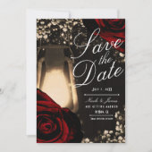 素朴な輝きのランタンと濃赤いバラのSave the Date 招待状 (正面)